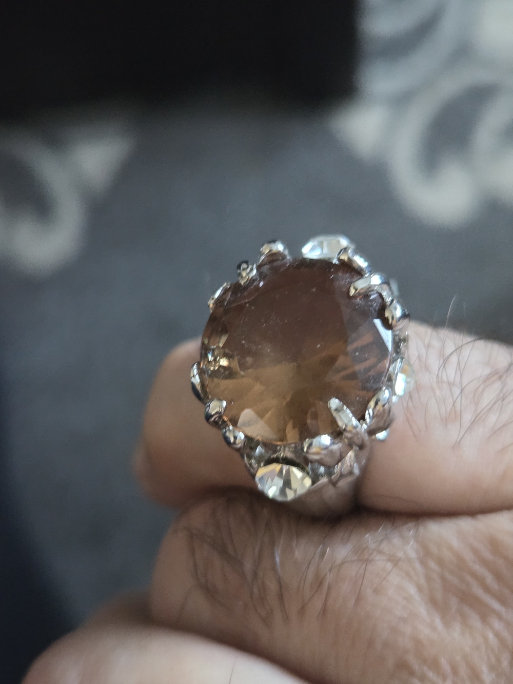 Smoky Cidric Brown Cocktail Ring in Silver-Tone Setting